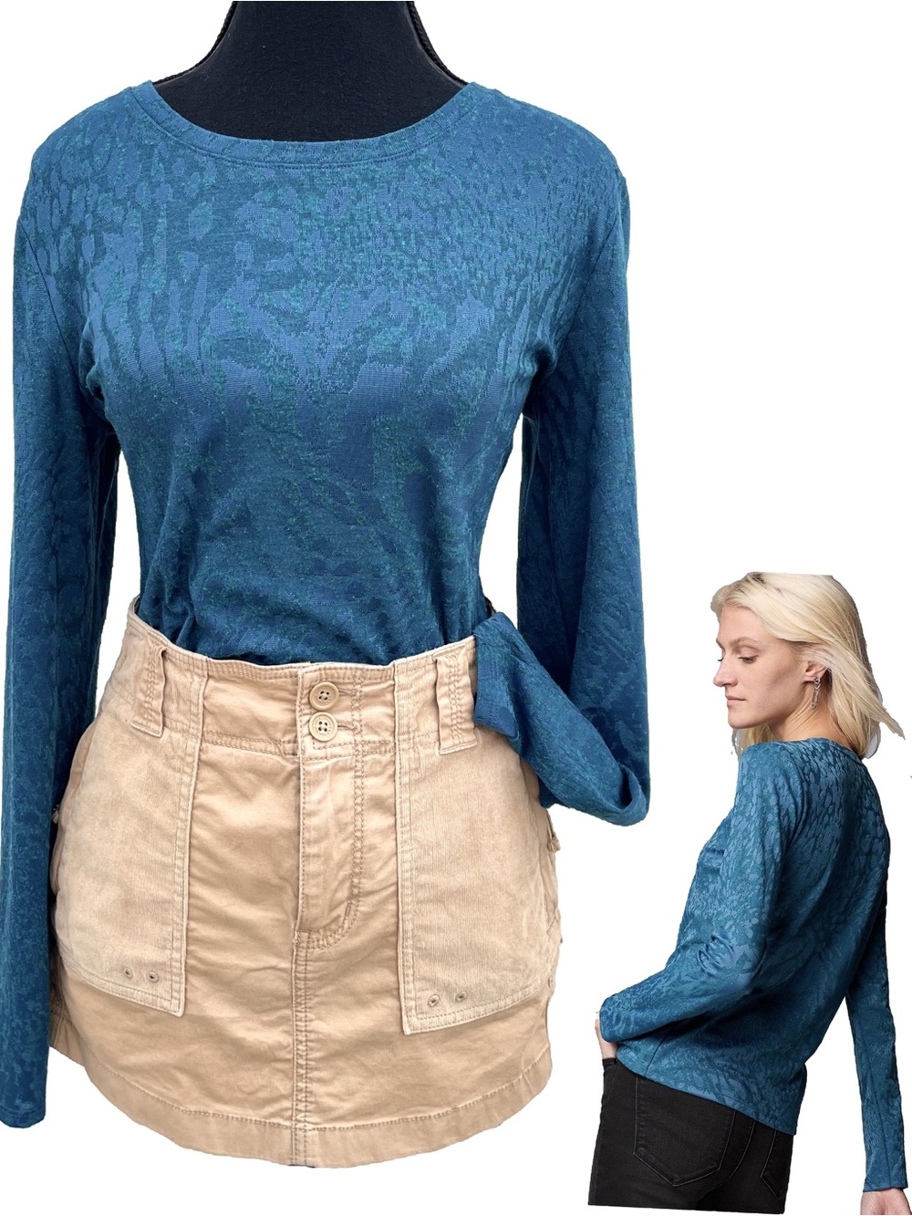Simply Vera Wang Jacquard Teal Leopard Long-Sleeve Crewneck Top Small GUC